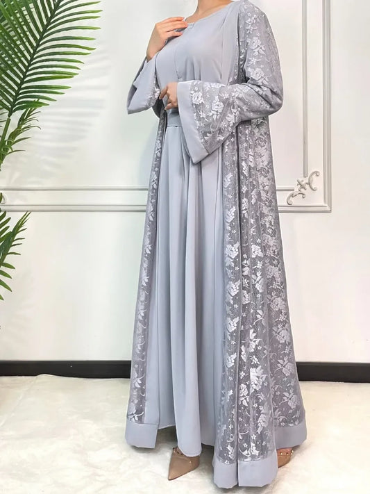 Ramadan Eid Prayer Lace Abaya 2 Piece Set Inner Dress Women Flare Sleeve Long Abayas Kaftan Djellaba Dubai Party Vestidos 2024.