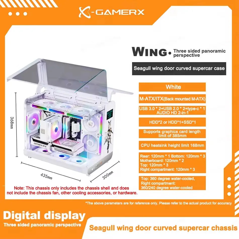 X-GAMERX HUANYI WING MATX Seaview room Case Vertical Desktop Computer 360 Water-cooled Chassis TYPE-C Interface With Screen