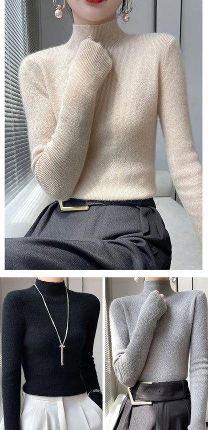 MEXZT Solide Pullover Frauen Hälfte Rollkragen Gestrickte Pullover Harajuku Koreanische Dicke Strickwaren Herbst Winter Mode Schlank Jumper.