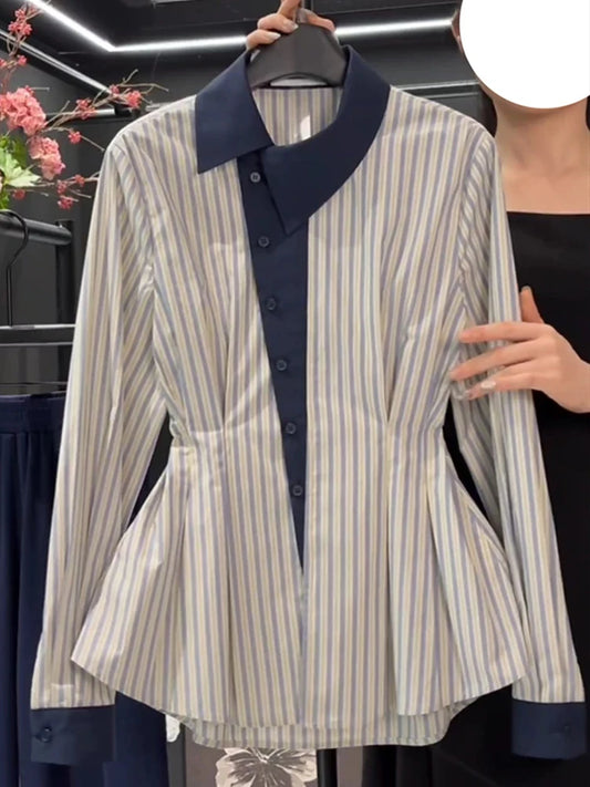 Temperament waist cinching slimming blue striped shirt spring 2025 new fat MM fashion contrasting long sleeved shirt.