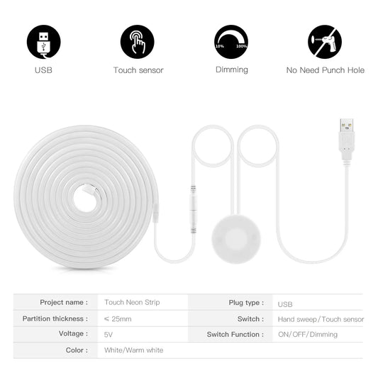 USB 5V LED Neon Sign Light Strip, Dimmable Penetrating Wooden Touch Sensor Switch & Remote Control Flexible Tape Silicone Decor.