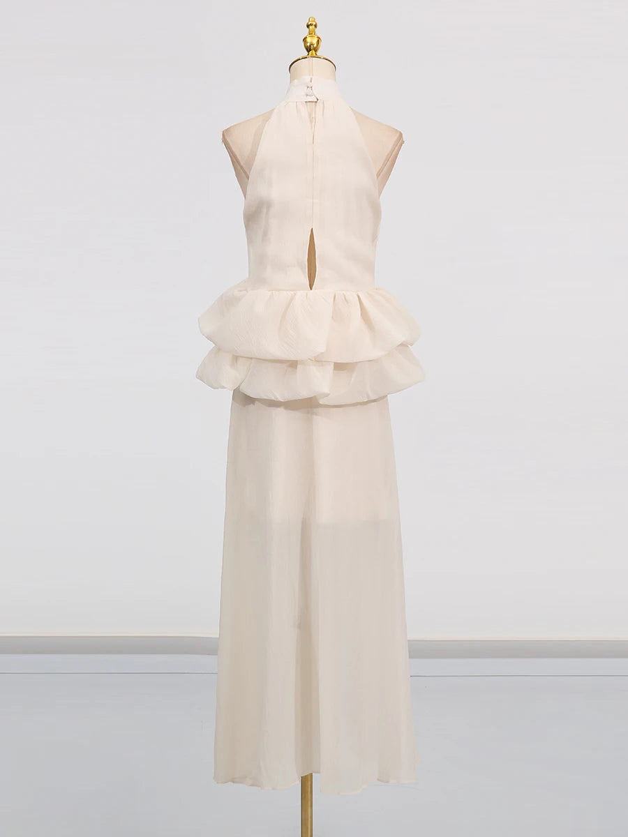 VGH Solide Abend Gespleißt Rüschen Maxi Kleider für Frauen High Neck Ärmellose Tunika Temperament Zeremonie Kleid Weibliche Kleidung.