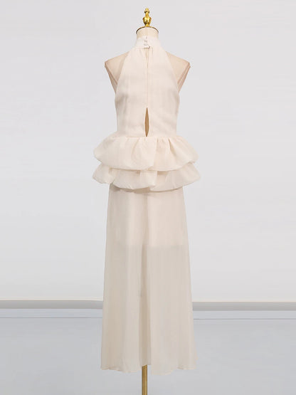 VGH Solide Abend Gespleißt Rüschen Maxi Kleider für Frauen High Neck Ärmellose Tunika Temperament Zeremonie Kleid Weibliche Kleidung.