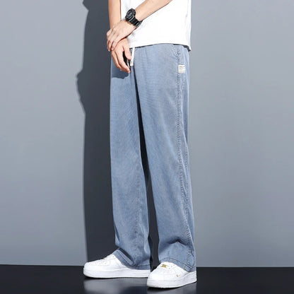 2024 Spring/Summer New Soft Lyocell Fabric Men's Jeans Thin Loose Straight Leg PantsDrawstring Elastic Waist Korean casual pants