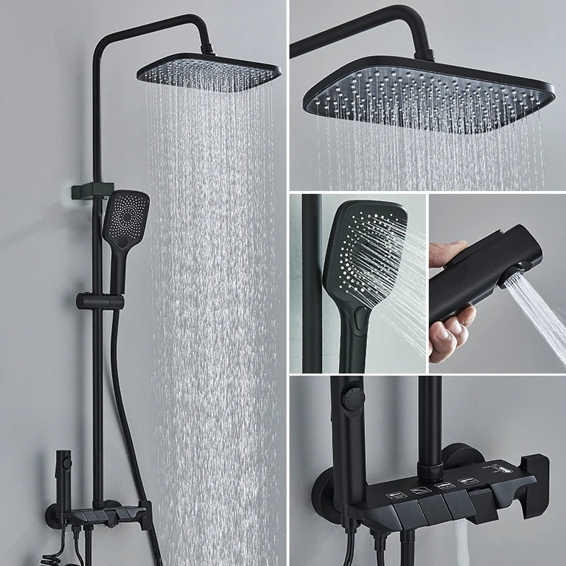 Black Piano Style Shower Set Intelligent Brass Bathroom Faucets Hot Cold Waterfall Tap Rainfall Shower System