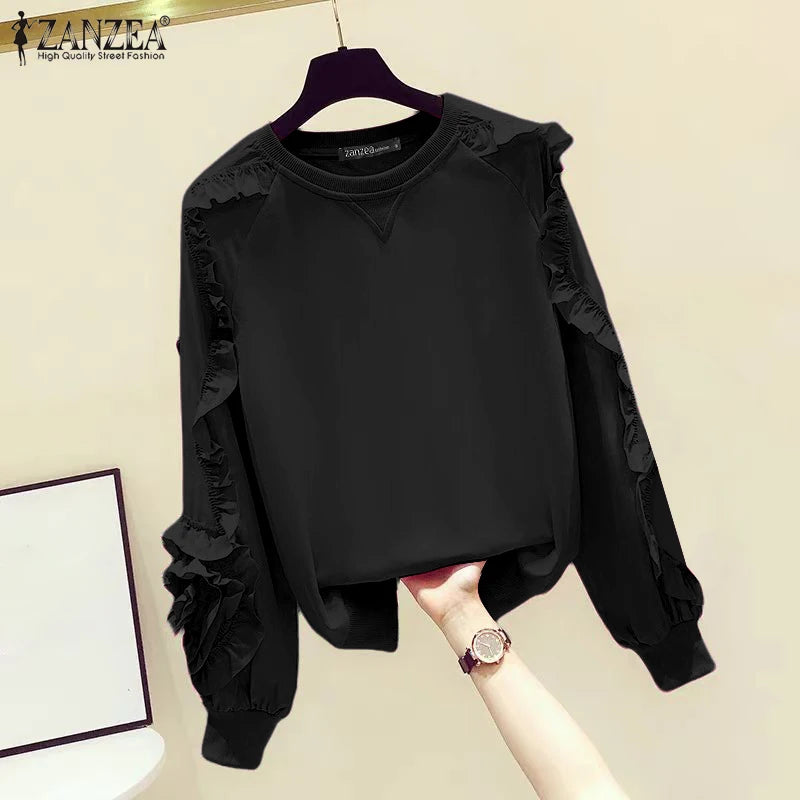 ZANZEA Plus Größe Frauen Solide Sweatshirts Herbst Rüschen Nähte Tops Vintage Oansatz Lässige Mode Lange Puff Sleeve Pullover.