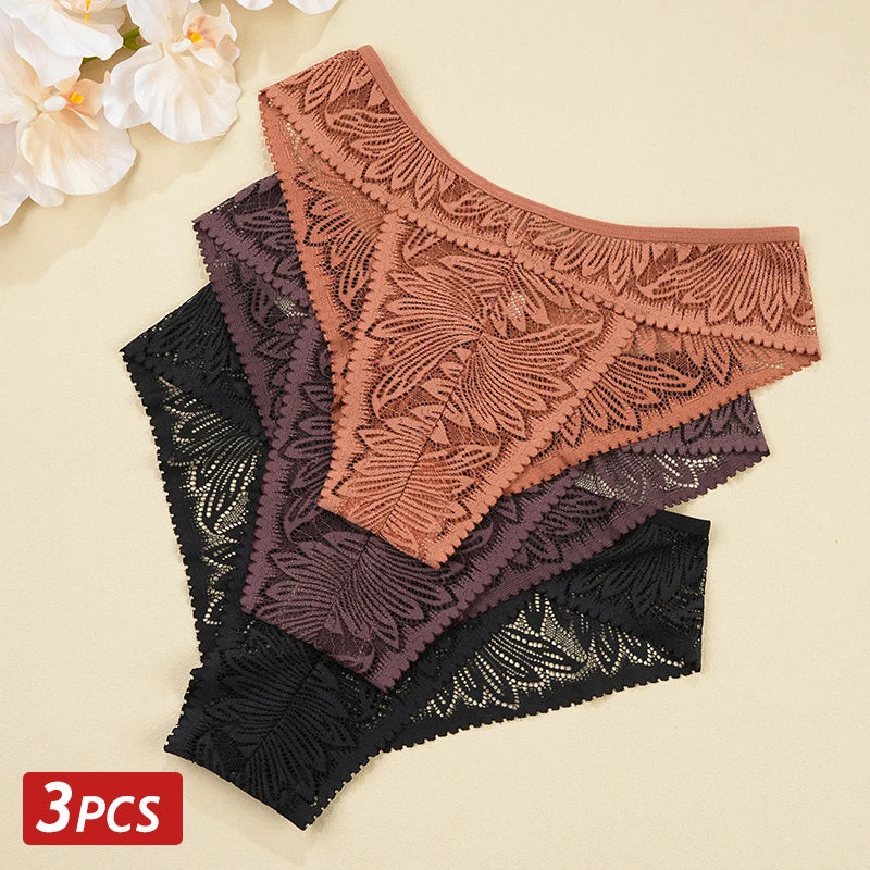3PCS/Set Women Lace Panties Sexy Low Riase Elastic Brifes Solid Color Perspective Breathable Underwear Ladeis Sexy Lingerie.