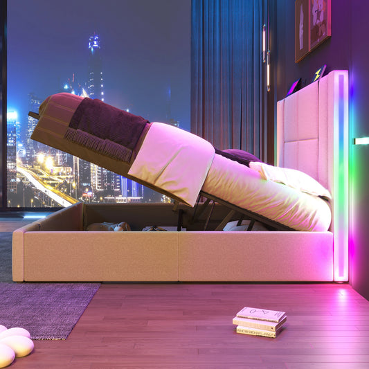 Merax Polsterbett Doppelbett USB C Ladefunktion APP Control LED Stauraum Lattenrost Holz 160x200 Beige Leinen