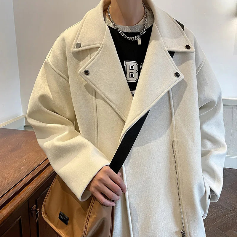 Winter Fashion Woolen Dust Coats Men Zipper Decor High Quality Korean Style Loose Casual Windbreaker Men's Thick Warm Trenchcoat.