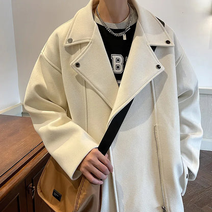 Winter Fashion Woolen Dust Coats Men Zipper Decor High Quality Korean Style Loose Casual Windbreaker Men's Thick Warm Trenchcoat.