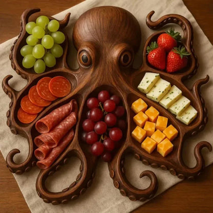 Ocean themed fresh and unique octopus cooked food tray, cheese meat fruit tray, wooden serving tray.
