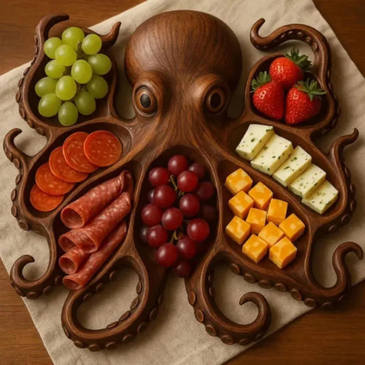 Ocean themed fresh and unique octopus cooked food tray, cheese meat fruit tray, wooden serving tray.