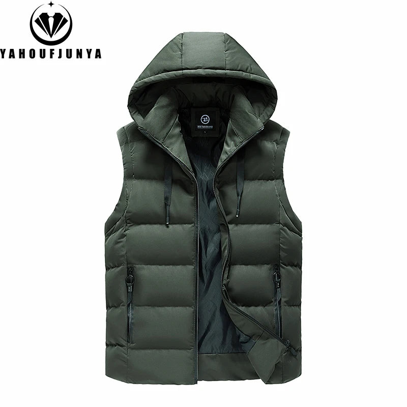 Men Autumn Sleeveless Outdoors Casual Solid Warm Vest Men Winter Detachable Hooded Fleece Pocket Zipper Fashion Vest Male Coat.