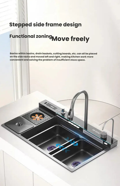 Smart Digital Display Waterfall Faucet Kitchen Sink With Knife Holder and Trash Can Household Wash Dish Basin Large Single Slot