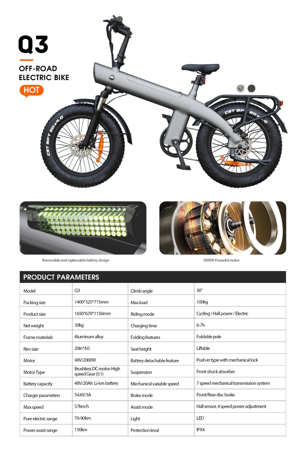 HUANCI Q3 Mountain Electric bicycle 2000W 60KM/H removable battery electric bike 48V 20AH Ebike 20Inch fat tire Off-Road e bike