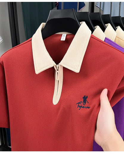 Luxury brand short sleeve polo shirt men's fashion Pony embroidered summer trendy breathable casual color blocked lapel T-shirt.