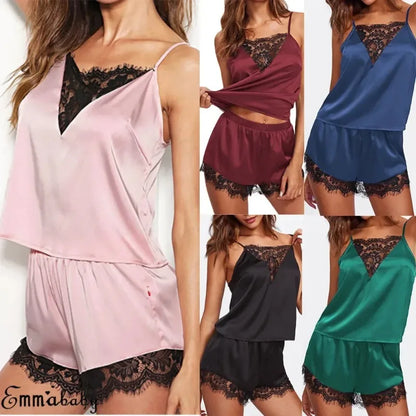 Frauen Eis Seide Pyjama Nachtwäsche Pyjama Set Nachthemden Nachthemd Leibchen Shorts schwarz rot l xl Spitze lässig sexy glatt 파자.