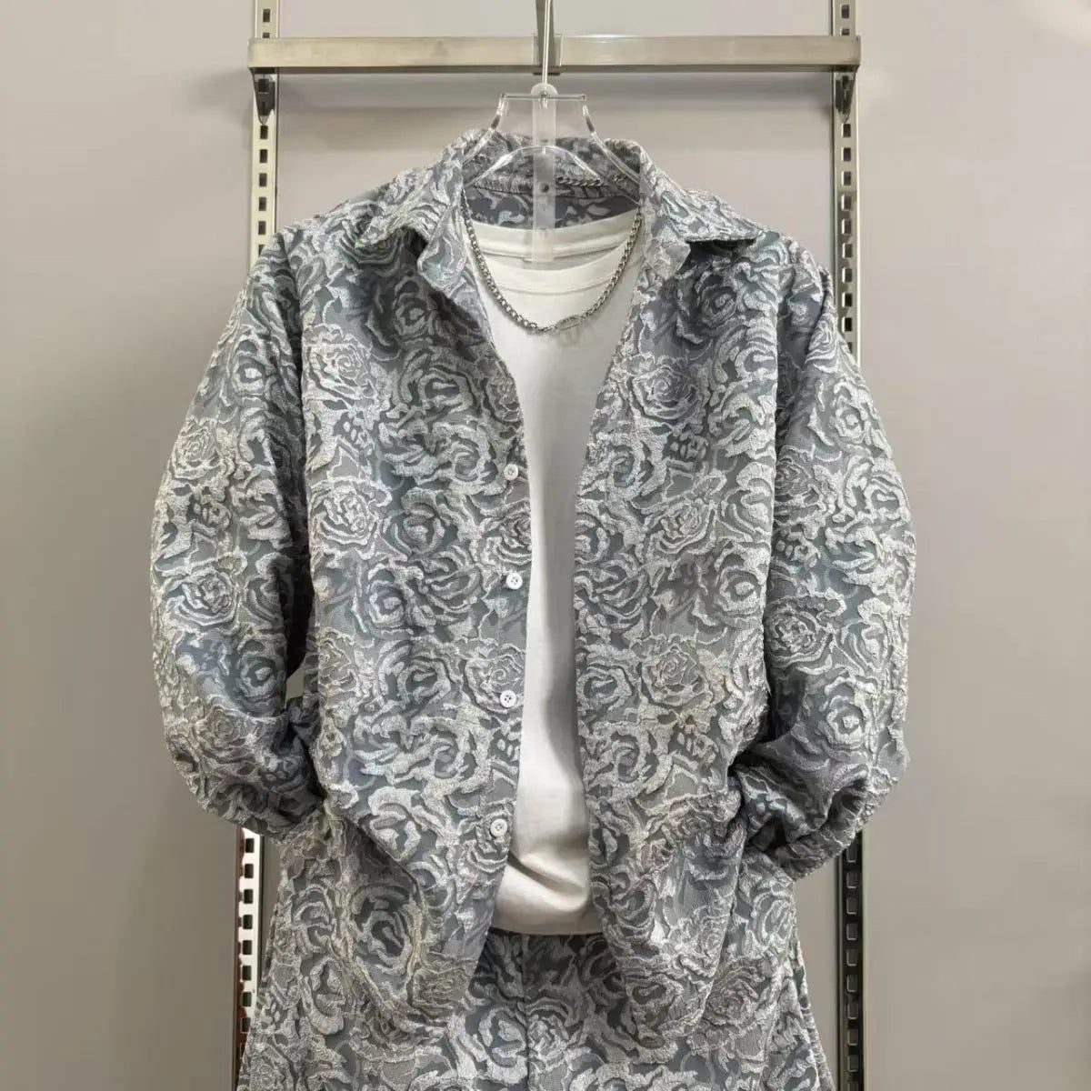 New Spring and Autumn Men's Casual Suit Lapel Jacquard Shirt Trousers Two-piece Set Comfortable Loose.