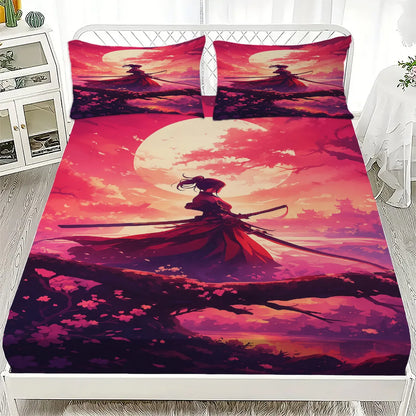 1pc 3D Fitted Sheets Set Sunset Samurai Cherry Blossom Tree Pattern  Bedding Set Printed Customized For Man And Kids Decorate.