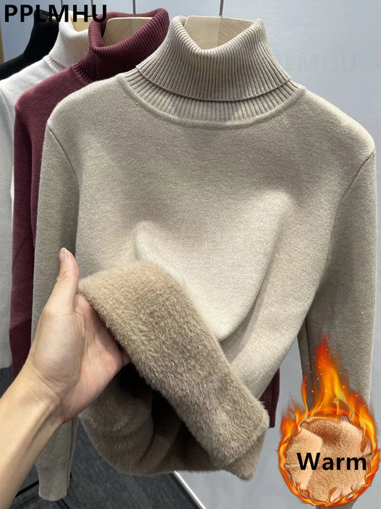 Verdicken Samt Rollkragenpullover Frauen Koreanische Mode Gefüttert Warme Sueter Gestrickte Pullover Schlank Top Winter Jersey Strickwaren Jumper.