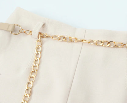 HH Women Solid Pant Set Long Sleeve O-Neck Double-Breasted Blazers+High Waist Chain Matching Side Zipper Trousers Sets