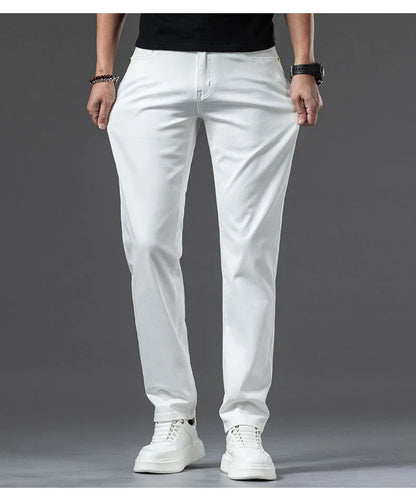 2024 New Summer Thin Men's Straight Denim Cotton Stretch Creamy-white Jeans Classic Business Pants Fashion Trousers Male Brand.