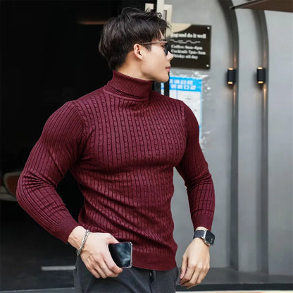 New Men's Turtleneck Sweaters Autumn Knitted Striped Streetwear Warm Long Sleeved Pullover Solid Color Basic Style Casual Tops.