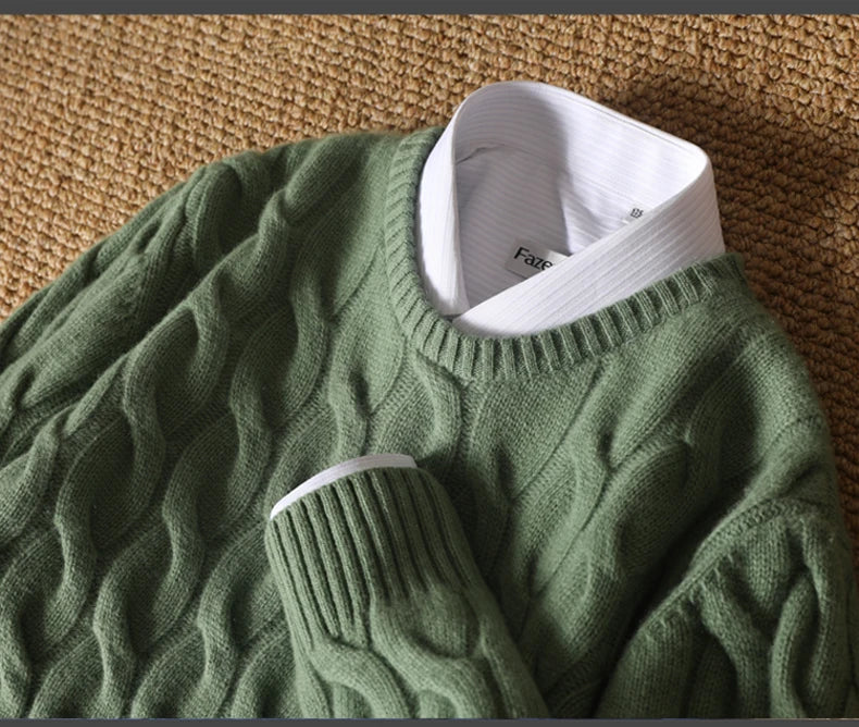 Autumn Winter Thickened Cashmere Sweater 100% Merino Wool Men's Top O-Neck Twisted Pullover Knitted Loose Long Sleeve Sweater.