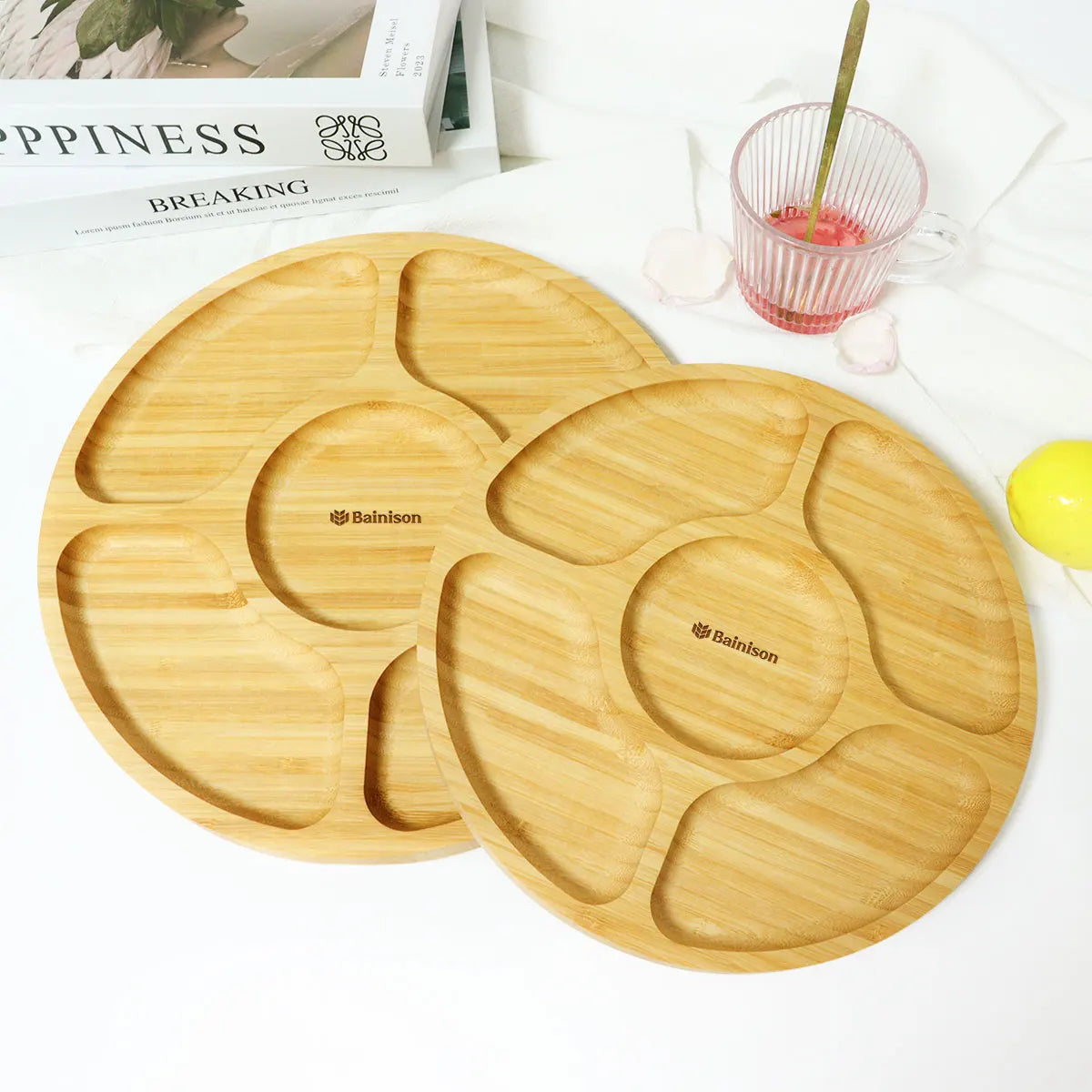 Bainison Bamboo Tray With Compartments-Snack Sorting Platter, Party Candy Buffet Display,Household Kitchen Outdoor Bamboo Tray.