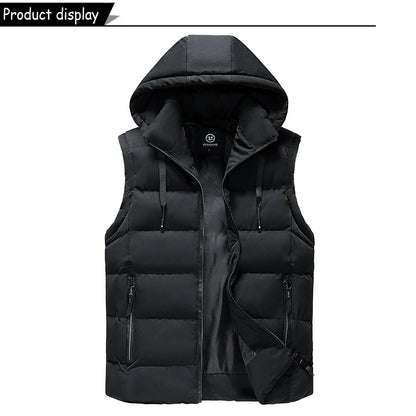 Men Autumn Sleeveless Outdoors Casual Solid Warm Vest Men Winter Detachable Hooded Fleece Pocket Zipper Fashion Vest Male Coat.