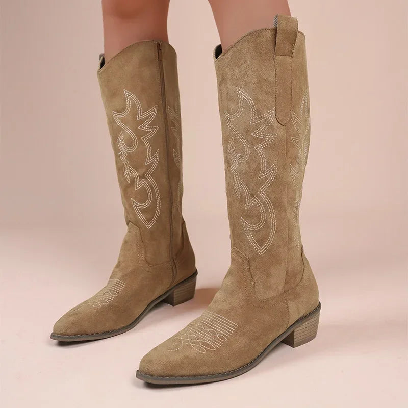 Embroidered Western Cowboy Boots for Women Autumn Pointed Toe Thick Heel High Knee Boots Woman Loose PU Leather Long Botas Mujer.