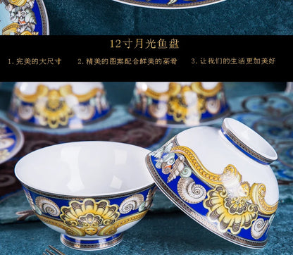 Luxury Blue Ocean Bone China Dishes Plates Western Clubhouse Upscale Heart Of The Sea Ceramic Tableware Decorative Plate.