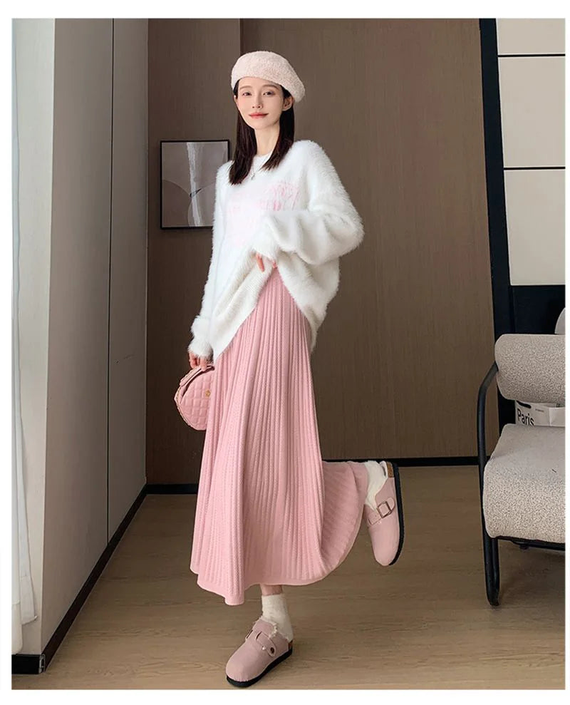 Sweet Vintage Knitted Long Skirts Women Preppy Style High Waist Loose A Line Skirts Fall Winter Retro Simple Elegant Long Skirts.