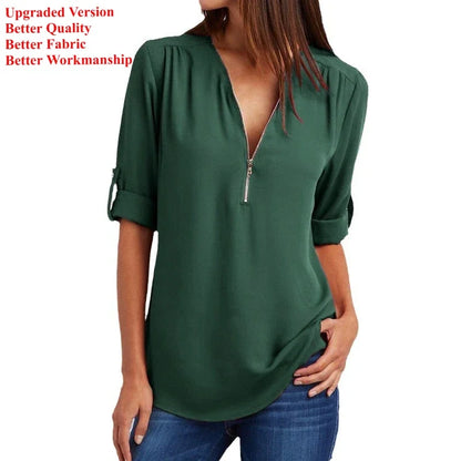 2024 Quality HotSale Plus Size Deep V Neck Women Blouse Chiffon Cool Loose Shirt Fashion Casual Ladies Tops Sexy Zipper Pullover.
