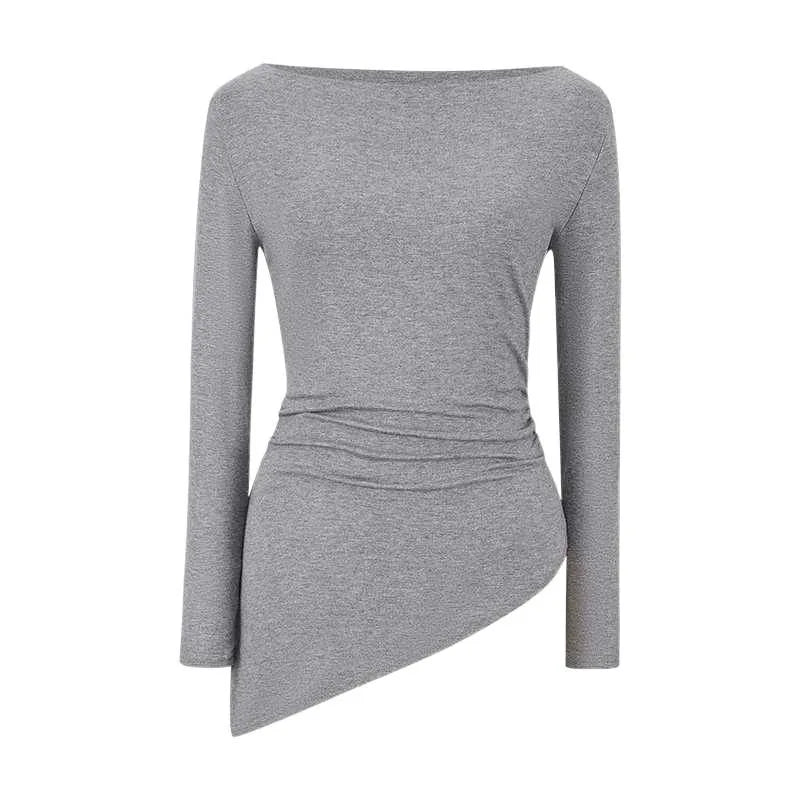 Sexy Long Sleeve T-Shirt Shoulder Bared Waist Cinched Slim Fit Knitted Cotton Solid Color Casual Urban Style for Early Autumn.