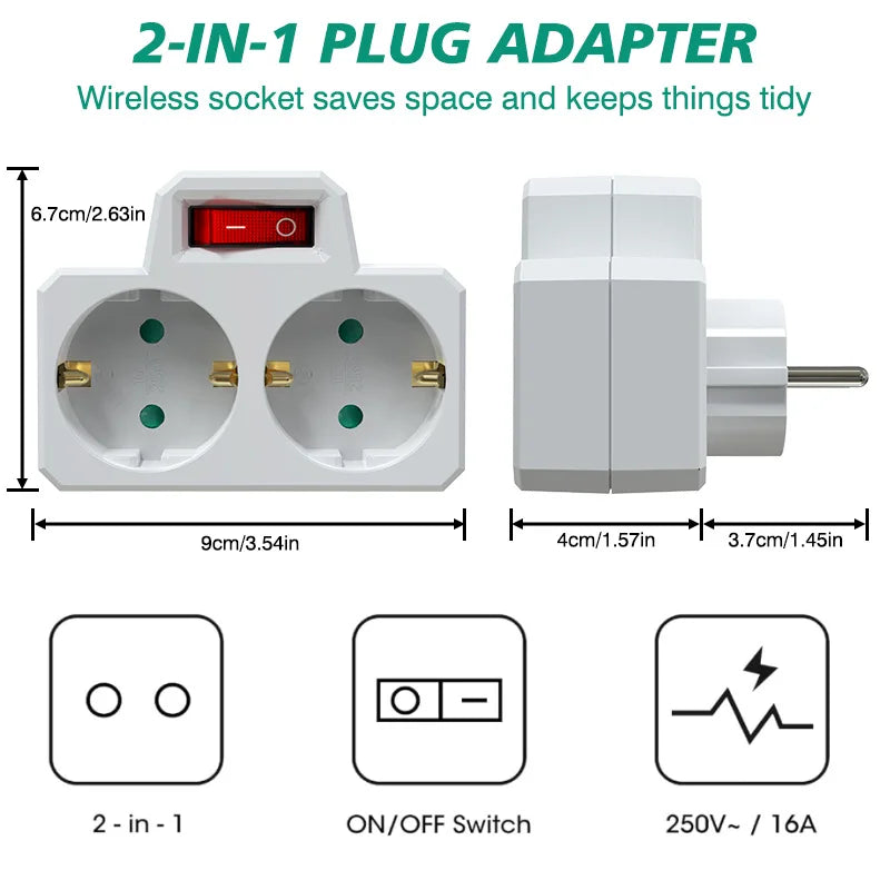 Doppelsteckdosenadapter mit EIN/AUS-Schalter, europäischer deutscher Standard, Wandstecker, Steckdose, Stromkonverter für Zuhause.