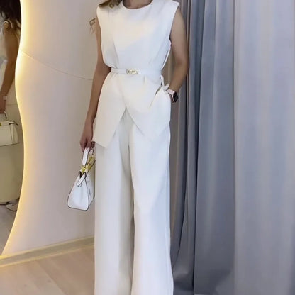 Women Women Piece Set High Waist Pocket Pant Sets Tops Solid Sleeveless Spliced Elegant Round Neck Top Suits Office Lady.