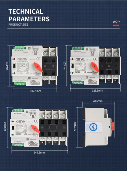 GEYA W2R ATS 110V 220V PC Dual Power Automatischer Transferschalter 63A 100A Haushalts-Stromübertragungsschalter 50/60Hz.