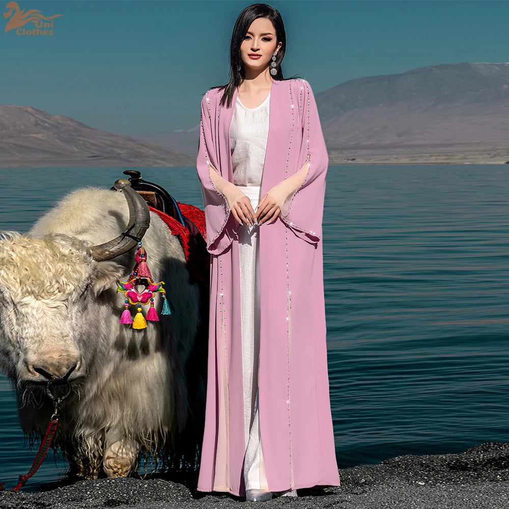 Eid Diamonds Abayas for Women 2025 Fashion Muslim Dress Dubai Open Abaya Kebaya Kimono Jalabiya Caftan Marocain Femme Robe Gown.