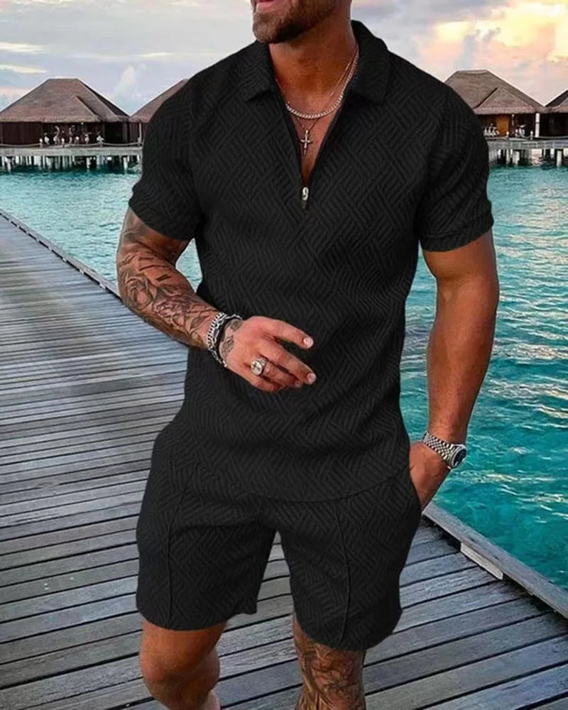 Casual Mesh Lapel short-sleeved Pullover + Shorts Solid Thin Sportswear set, Black suit, men's Sportswear T-shirt Set.