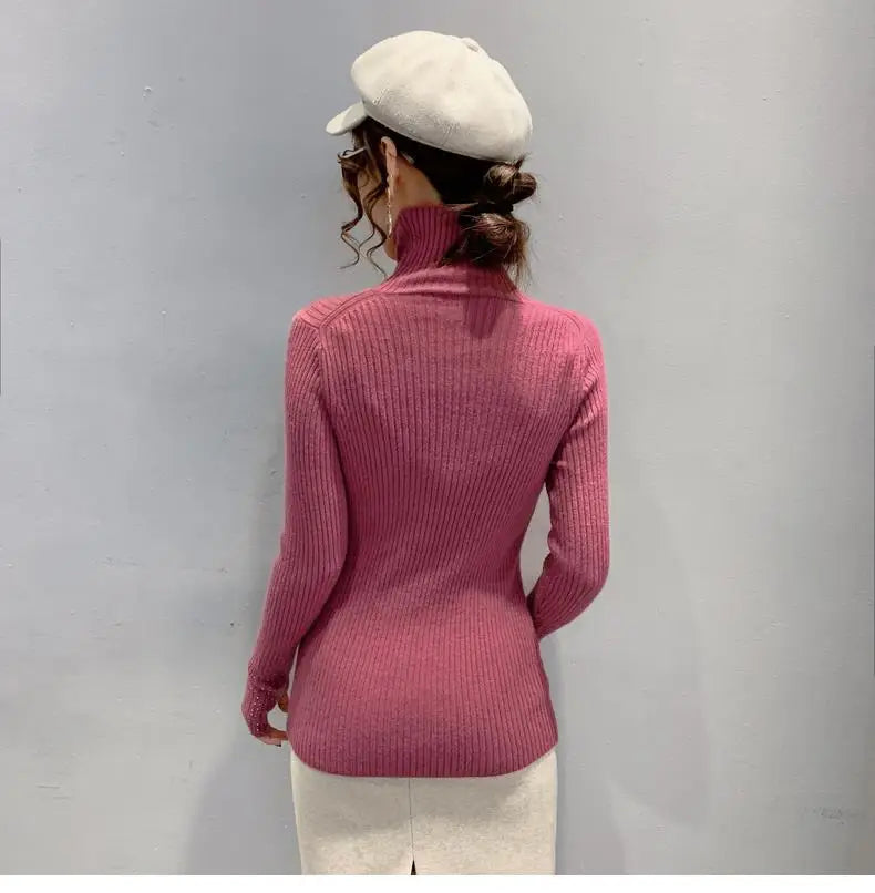 Women Clothing Fashion Elegant Turtleneck Pullover Autumn Winter Solid Slim Long Sleeve Sweater Office Lady Casual Dignified Top.