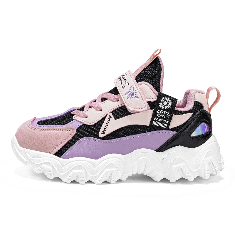 Fashion Children Shoes Girls Sneaker Black Pink PU Leather Platform Casual Sneaker School Tennis Sports Shoes for Girls