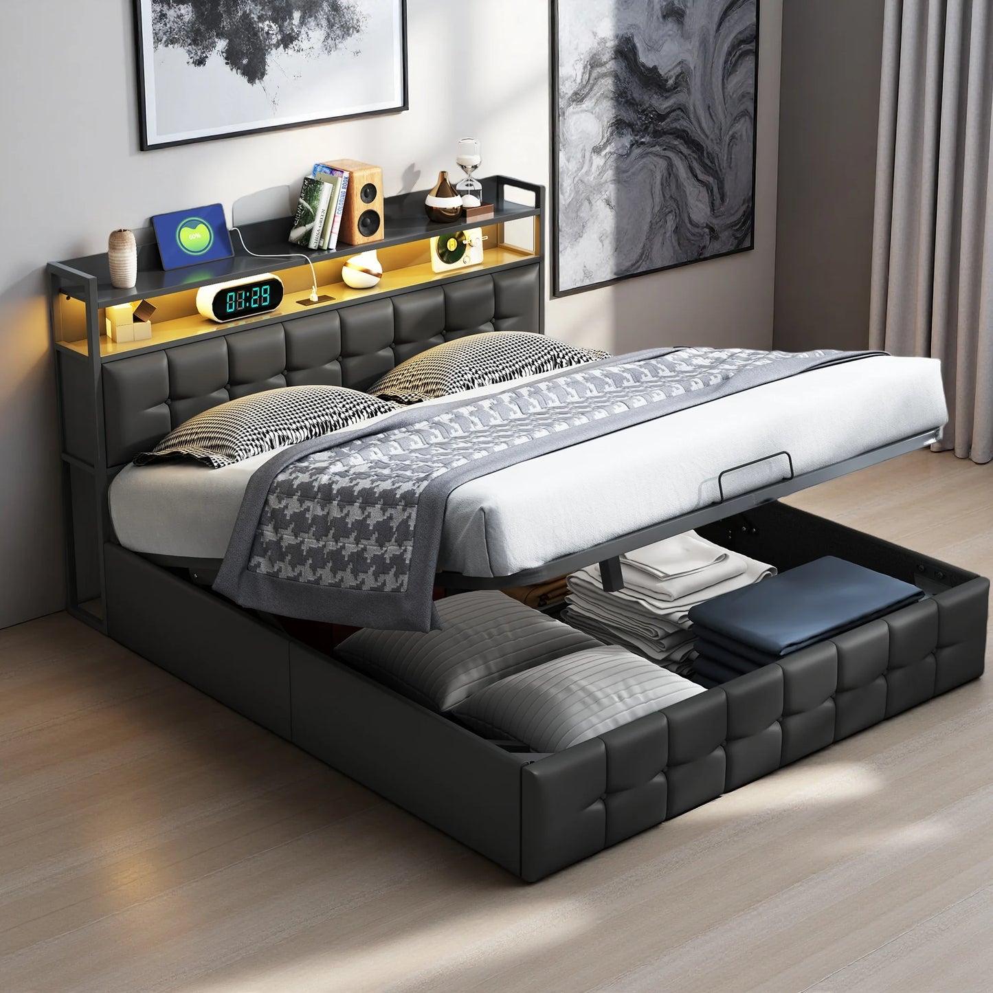 Rosahqnda Doppelbett 160 x 200 cm, mit Steckdose und LED, Kopfteil mit Stauraum und hydraulischem Stauraum, Schlafzimmer für Teenager, Leinen/PU