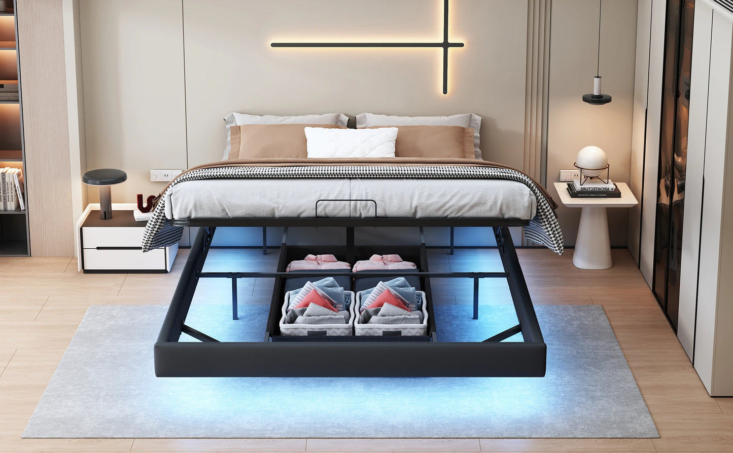 Lazyspace Bettgestell 160 x 200 cm mit LED-Beleuchtung und Stauraum, schwebender Bettrahmen mit Metalllattenrost, ohne Matratze