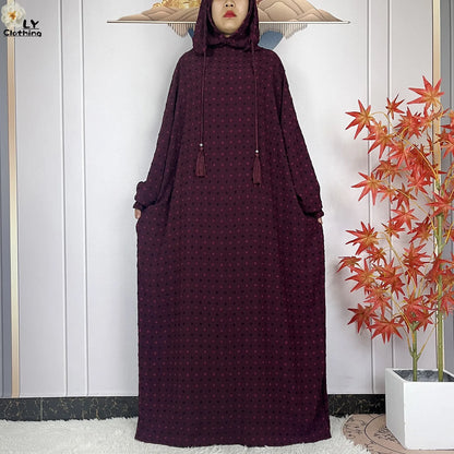 2024New Pure Cotton Ramadan Muslim Two-Hat Abaya Dubai Turkey Islam Prayer Clothes Loose Robe Islamic Women Traditional Clothing