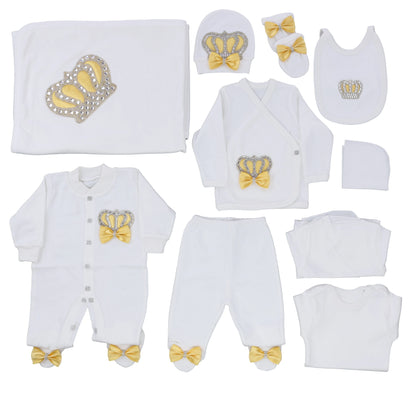 10-teiliges blaues 100 % Baumwollgewebe, gestrickt, Großhandel, individuell gestaltet, Neugeborene, neues Design, Winterkleidung, Kleidung, Luxus-Baby-Strampler-Set