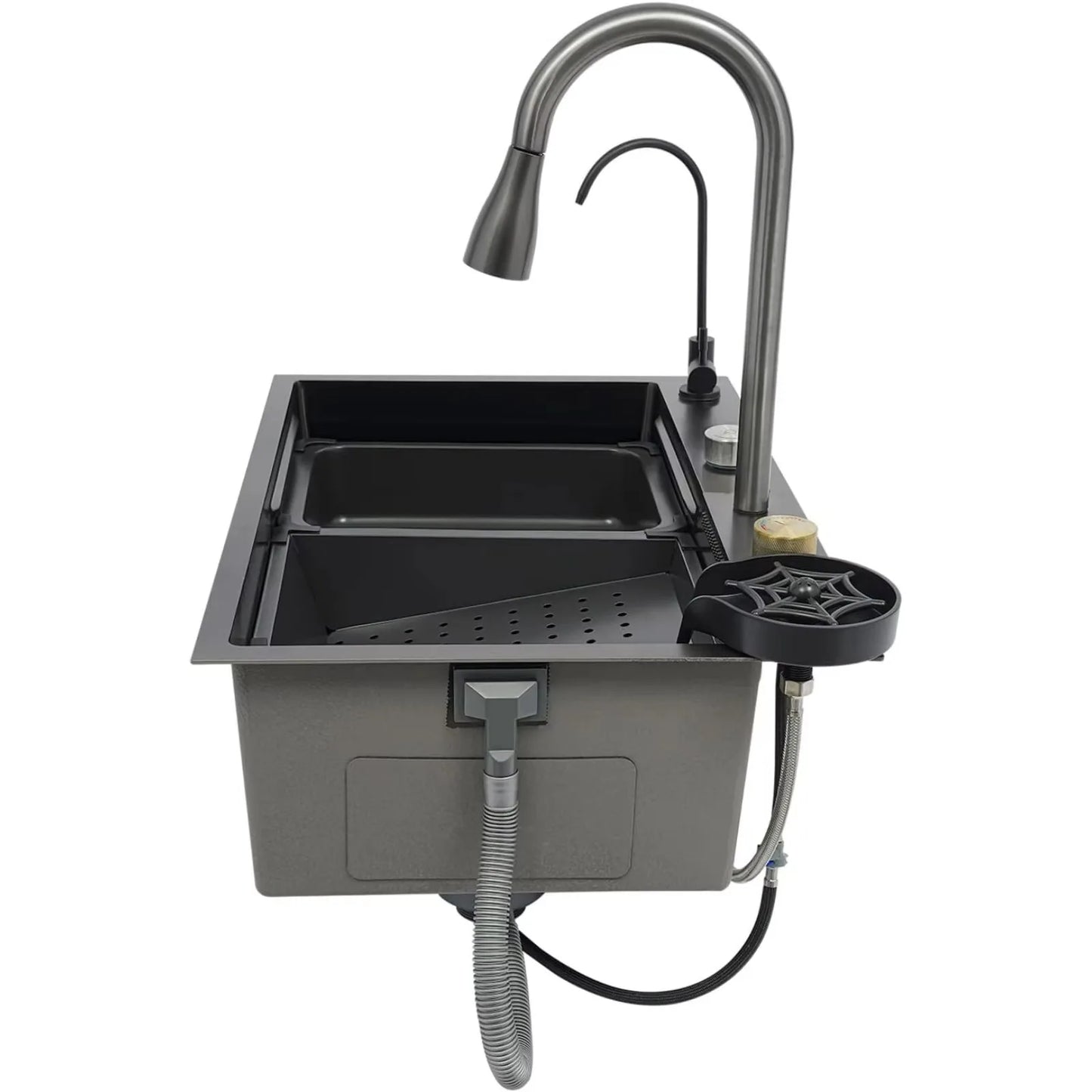 BYMAOCAR Edelstahlspüle, Küchenspüle mit ausziehbarem Wasserhahn, Haushaltsspülbecken-Set, Edelstahl-Wasserfallspüle 68 x 45 x 21 cm