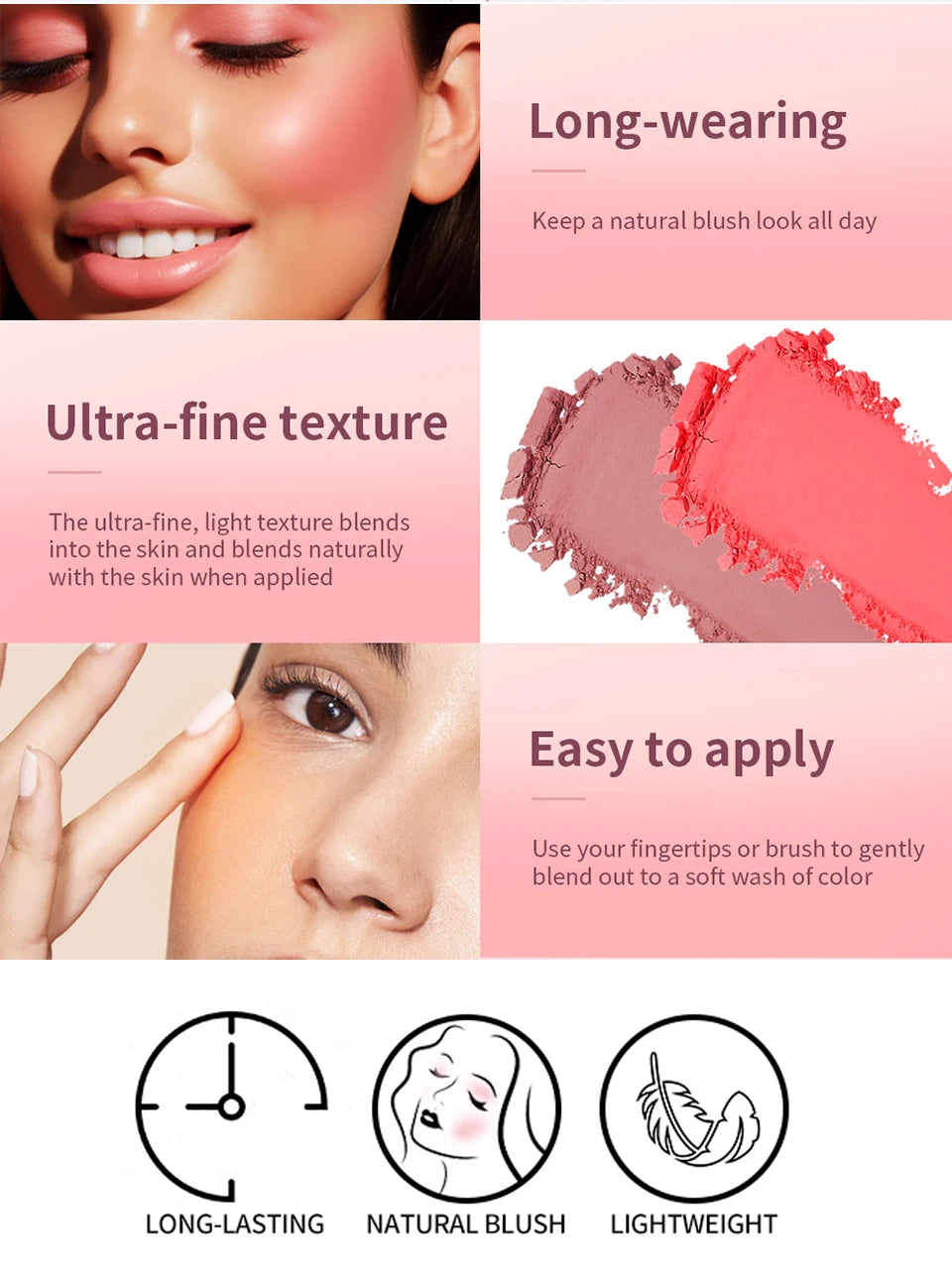 Face Blusher Matte Natural Cheek Tint Brighten Face Pink Red Face Contouring Cosmetics Blush Powder Soft Female Makeup.