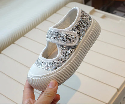 New Girl Princess Canvas Shoes Fashion Luxury Sequins Children Causal Shoes Breathable Kids Glitter Mary Jane Shoes Thick Bottom.