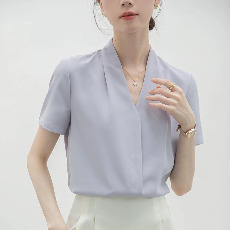 2025 Fashion Summer Short Sleeve V-Neck Women Blouse White Blouse Shirt Women Tops Blouses Shirts Blusas Para Mujer Camisas XL86.